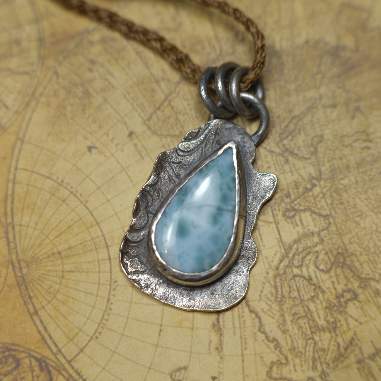 Sterling Silver Larimar Pendant on Braided Adjustable Cord OOAK
