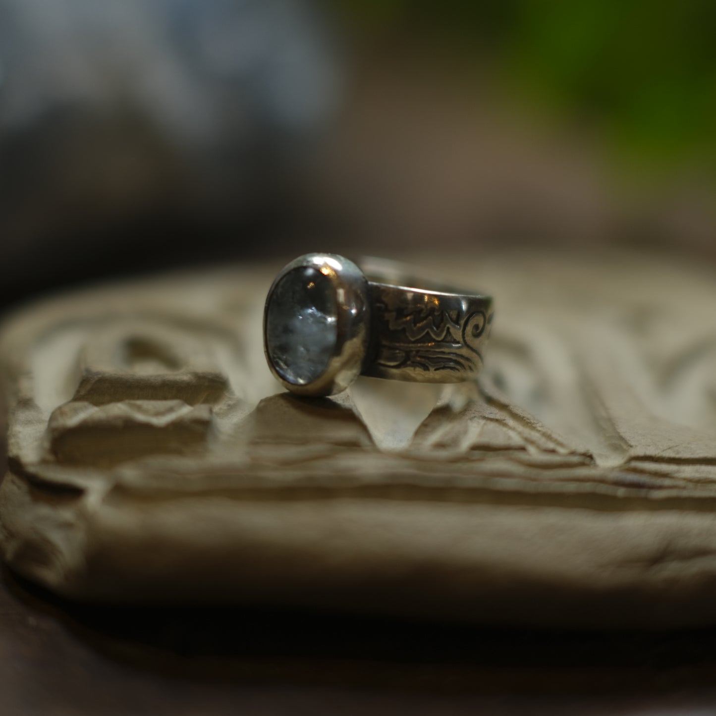Aquamarine and Sterling Silver Wide Banded Paisley Ring US Size 7.75