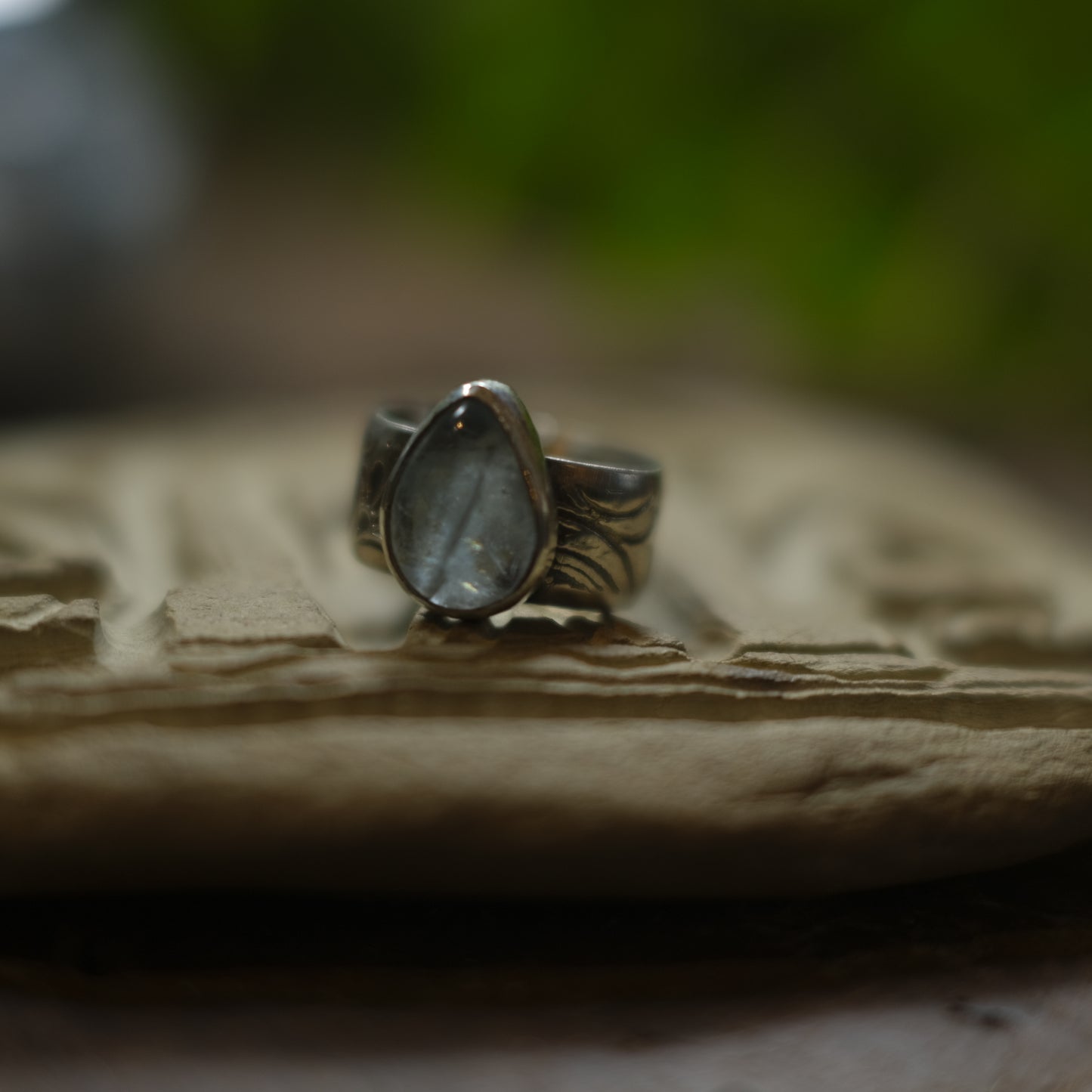 Aquamarine and Sterling Silver Wide Banded Paisley Ring US Size 6.75