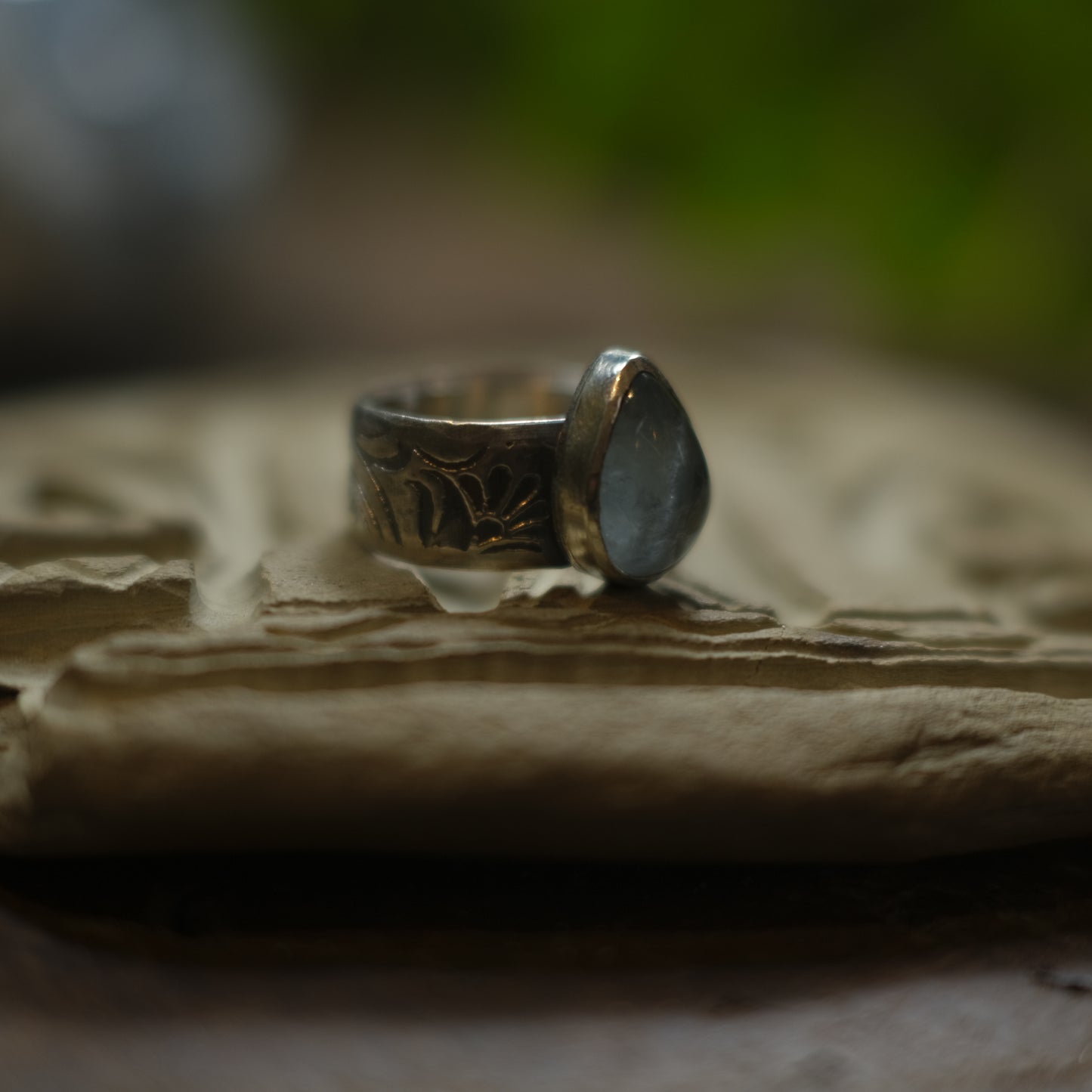 Aquamarine and Sterling Silver Wide Banded Paisley Ring US Size 6.75