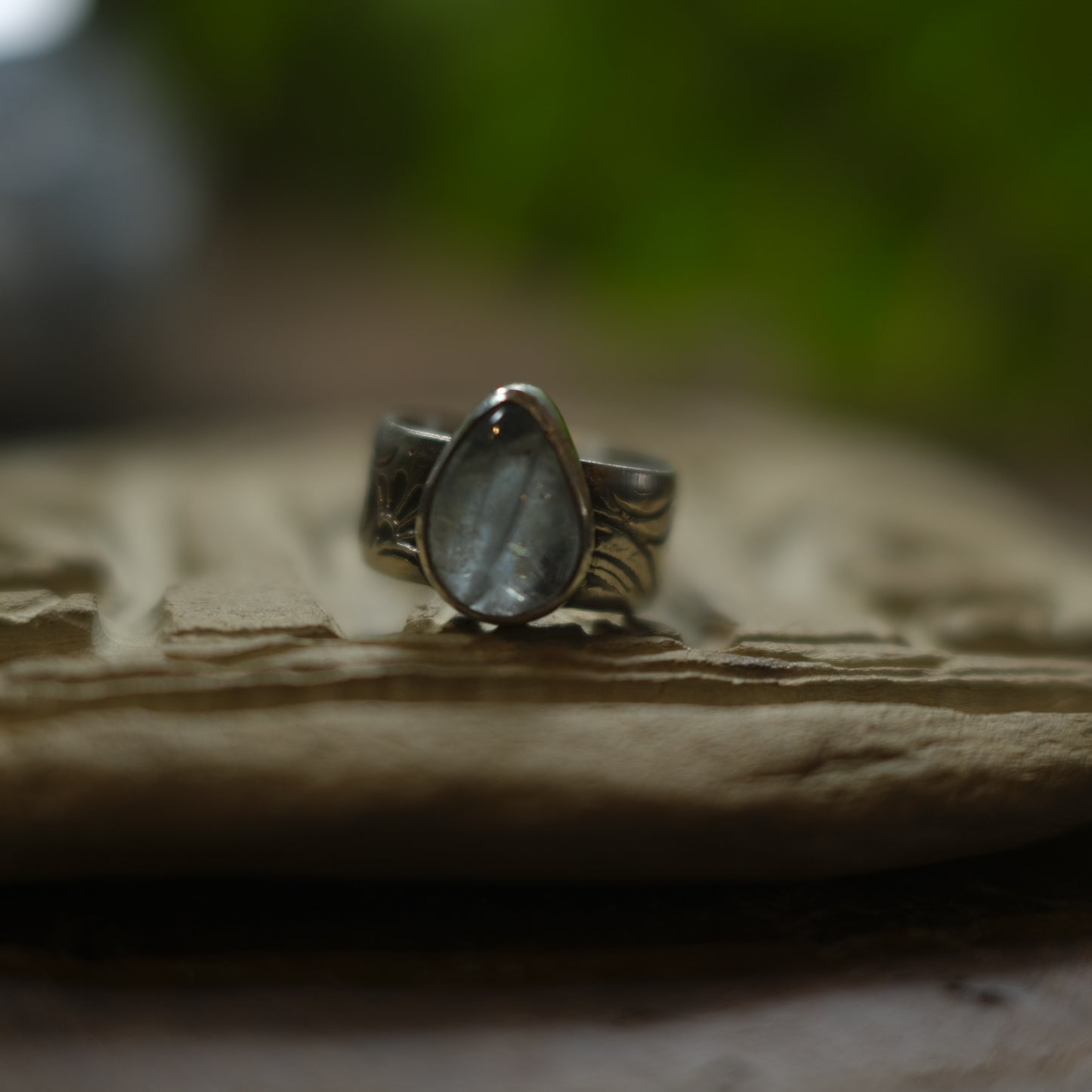 Aquamarine and Sterling Silver Wide Banded Paisley Ring US Size 6.75