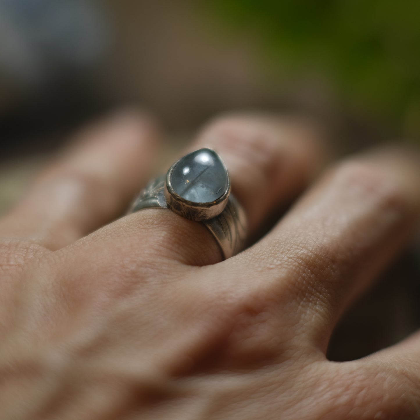 Aquamarine and Sterling Silver Wide Banded Paisley Ring US Size 6.75