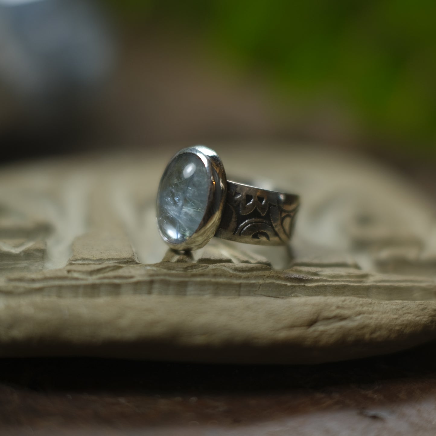 Aquamarine and Sterling Silver Wide Banded Paisley Ring US Size 8.75