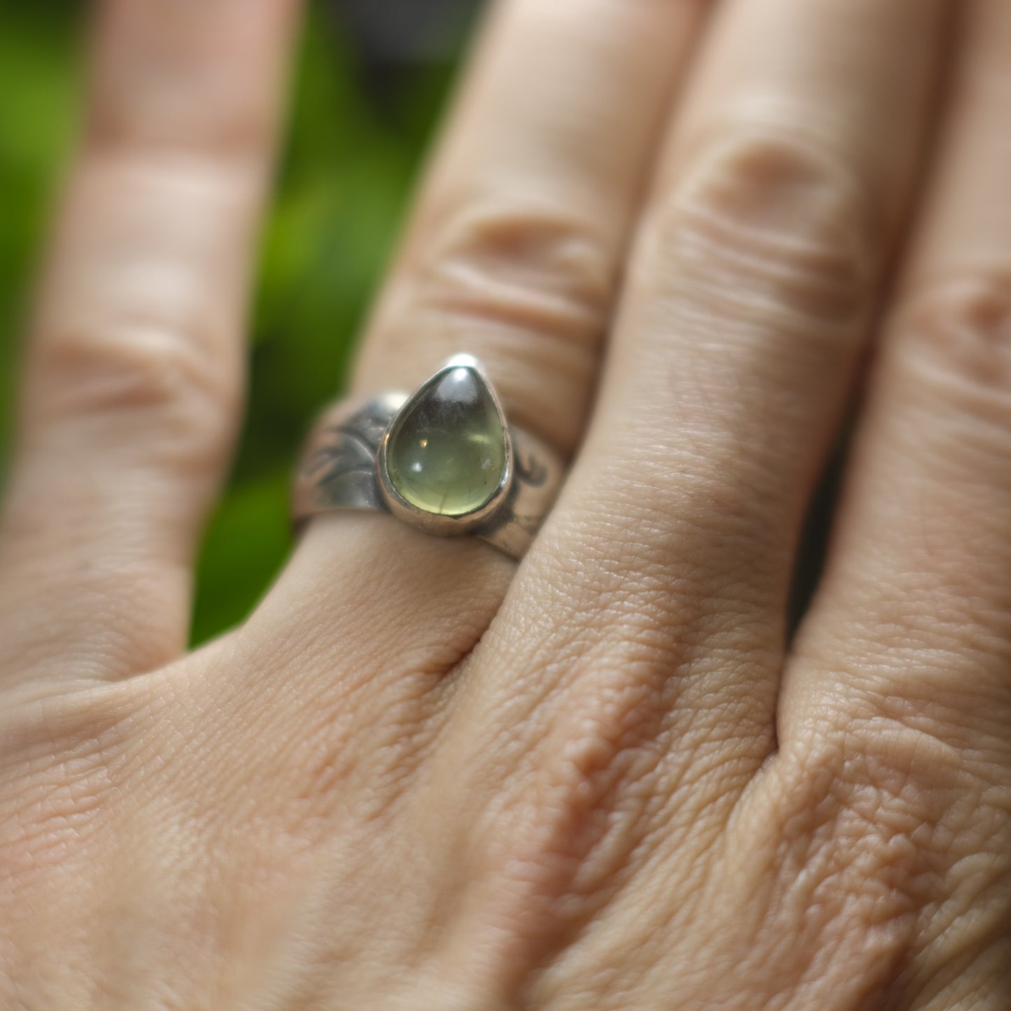 Prehnite and Sterling Silver Wide Banded Paisley Ring US Size 7.75