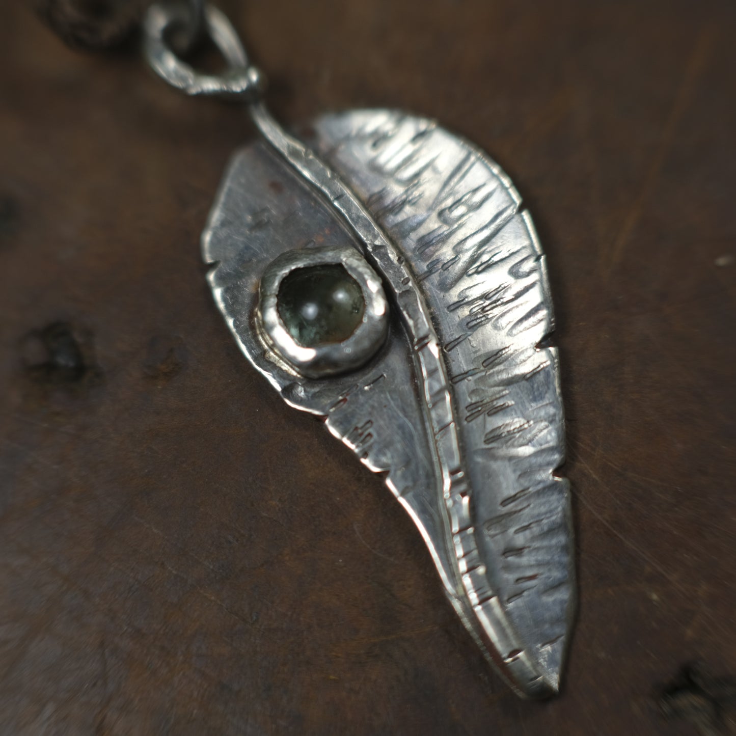 Silver Leaf and Green Tourmaline Dew Drop Pendant