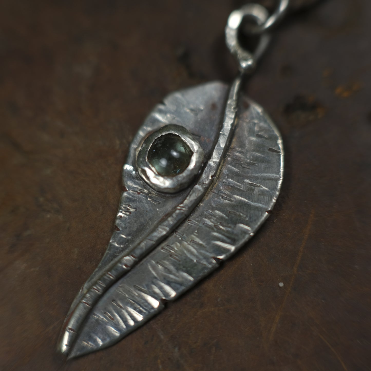 Silver Leaf and Green Tourmaline Dew Drop Pendant