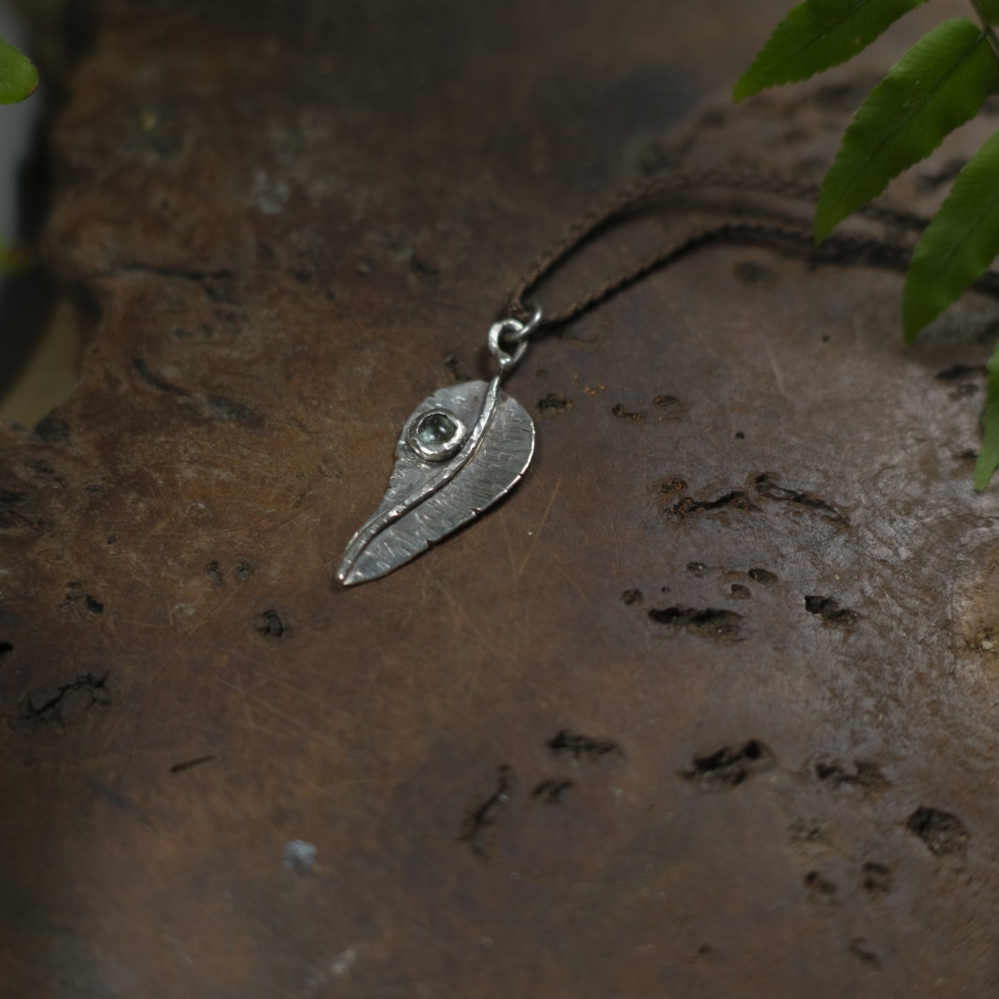 Silver Leaf and Green Tourmaline Dew Drop Pendant
