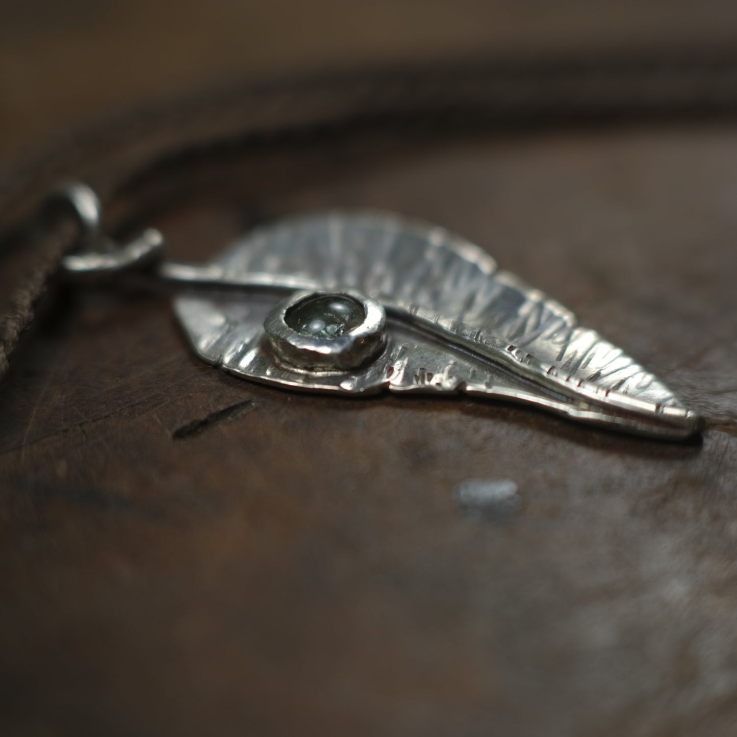 Silver Leaf and Green Tourmaline Dew Drop Pendant