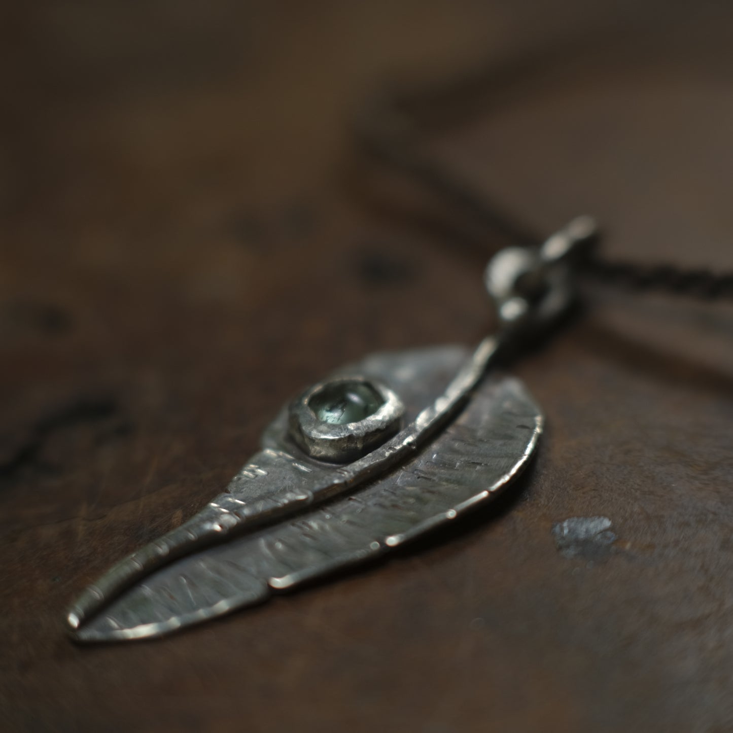 Silver Leaf and Green Tourmaline Dew Drop Pendant