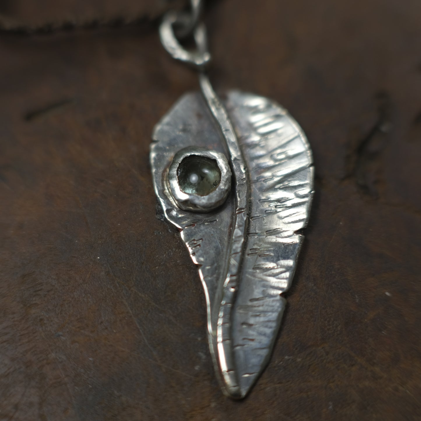 Silver Leaf and Green Tourmaline Dew Drop Pendant