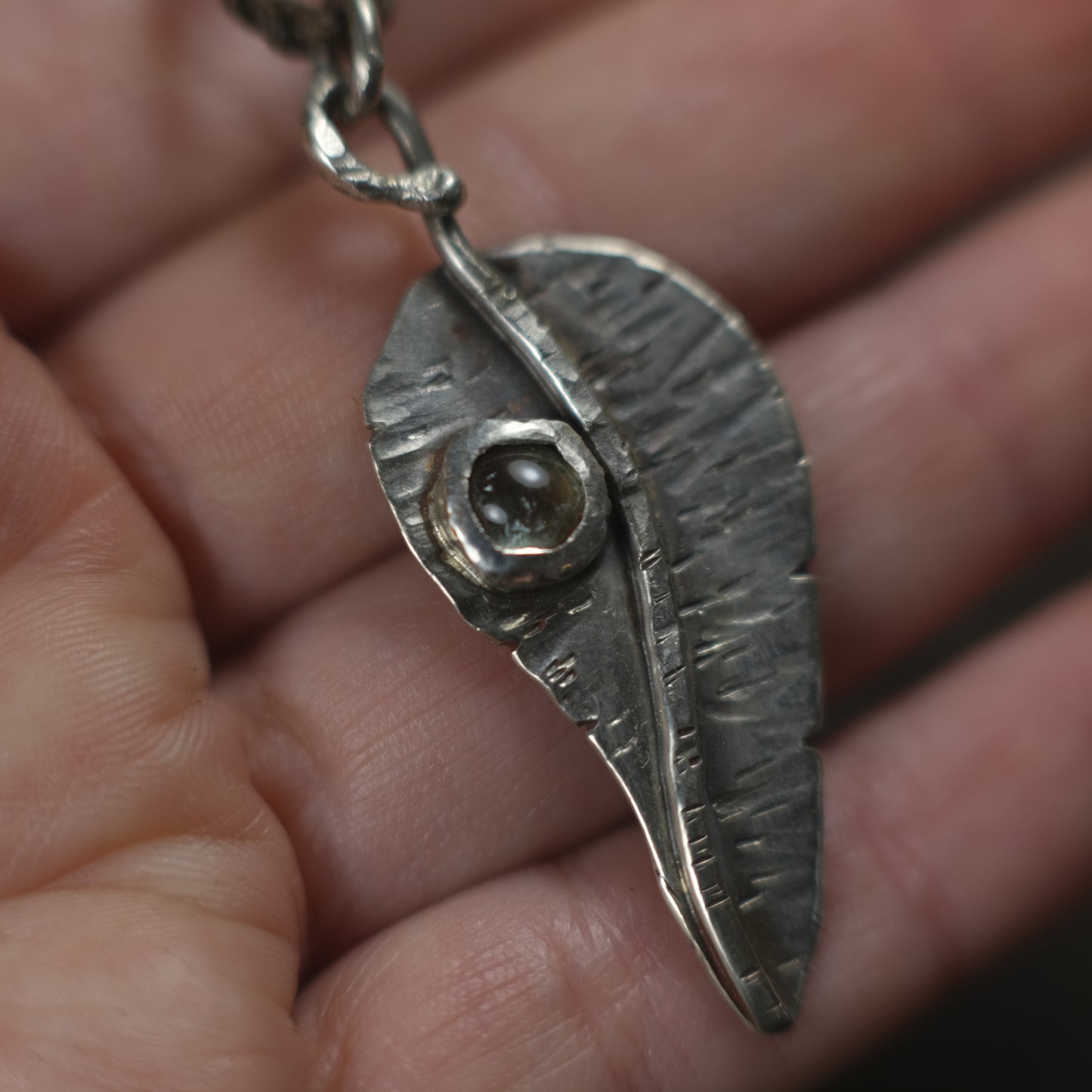 Silver Leaf and Green Tourmaline Dew Drop Pendant