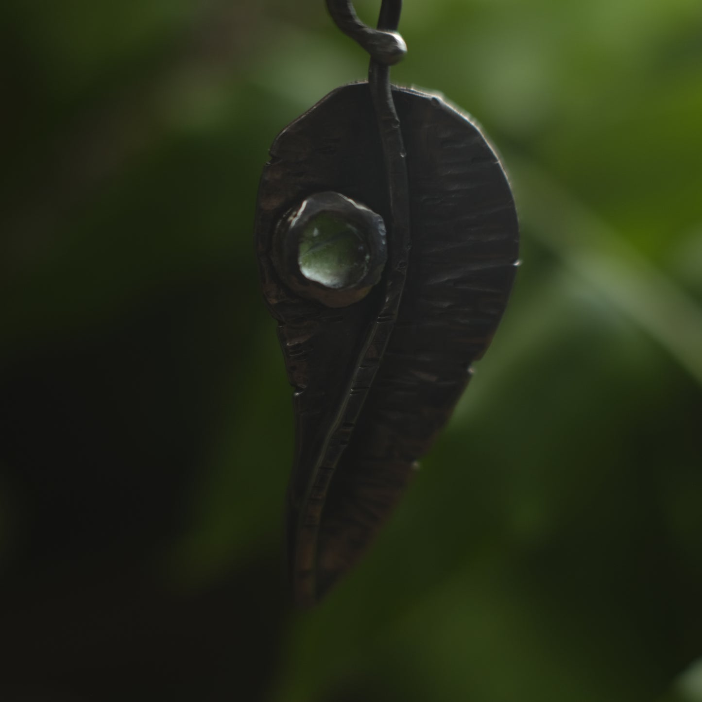 Silver Leaf and Green Tourmaline Dew Drop Pendant