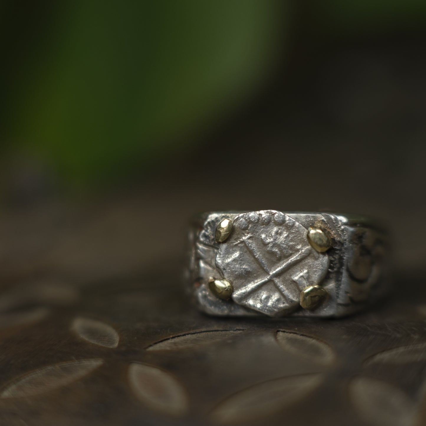 14ct Gold Set Late 1600's Spanish 1/2 Real on Sterling Silver Ring