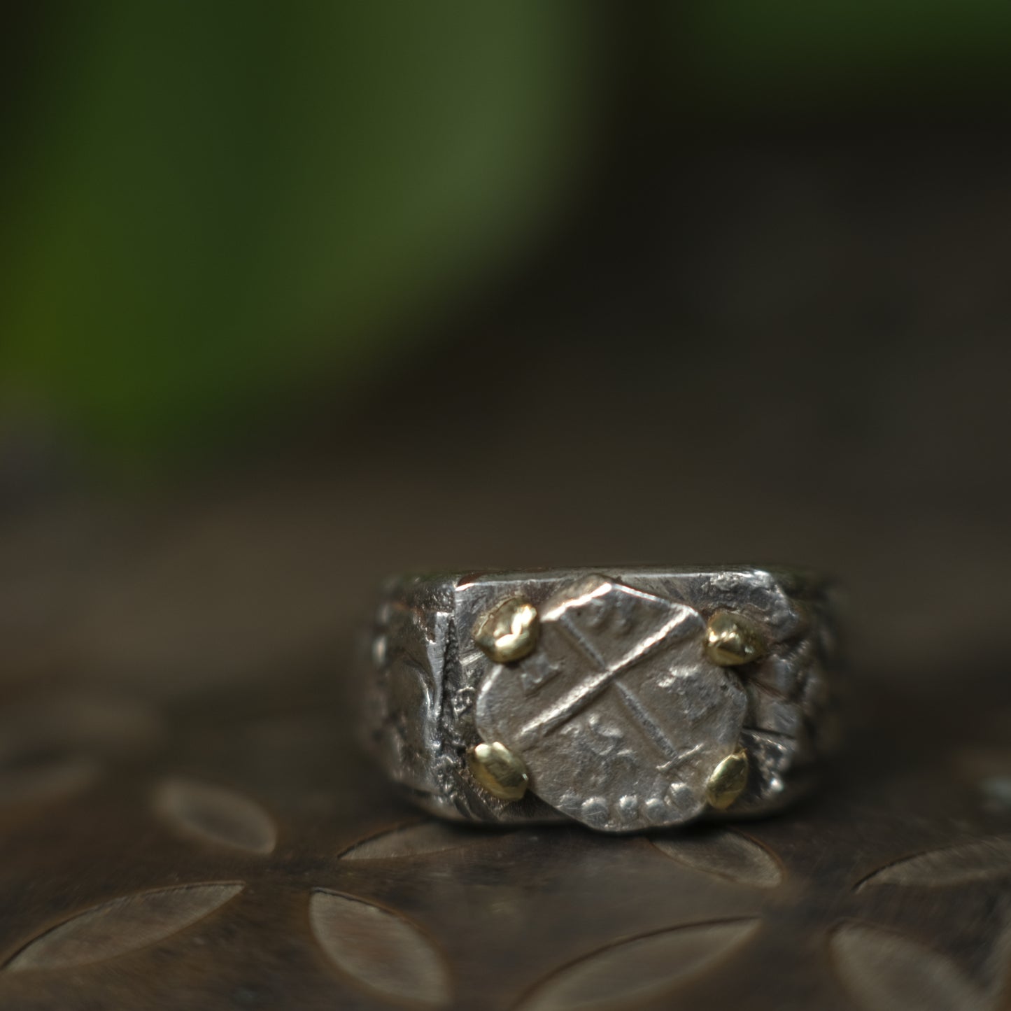 14ct Gold Set Late 1600's Spanish 1/2 Real on Sterling Silver Ring