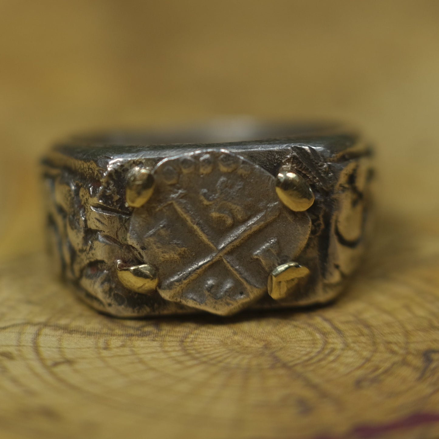 14ct Gold Set Late 1600's Spanish 1/2 Real on Sterling Silver Ring