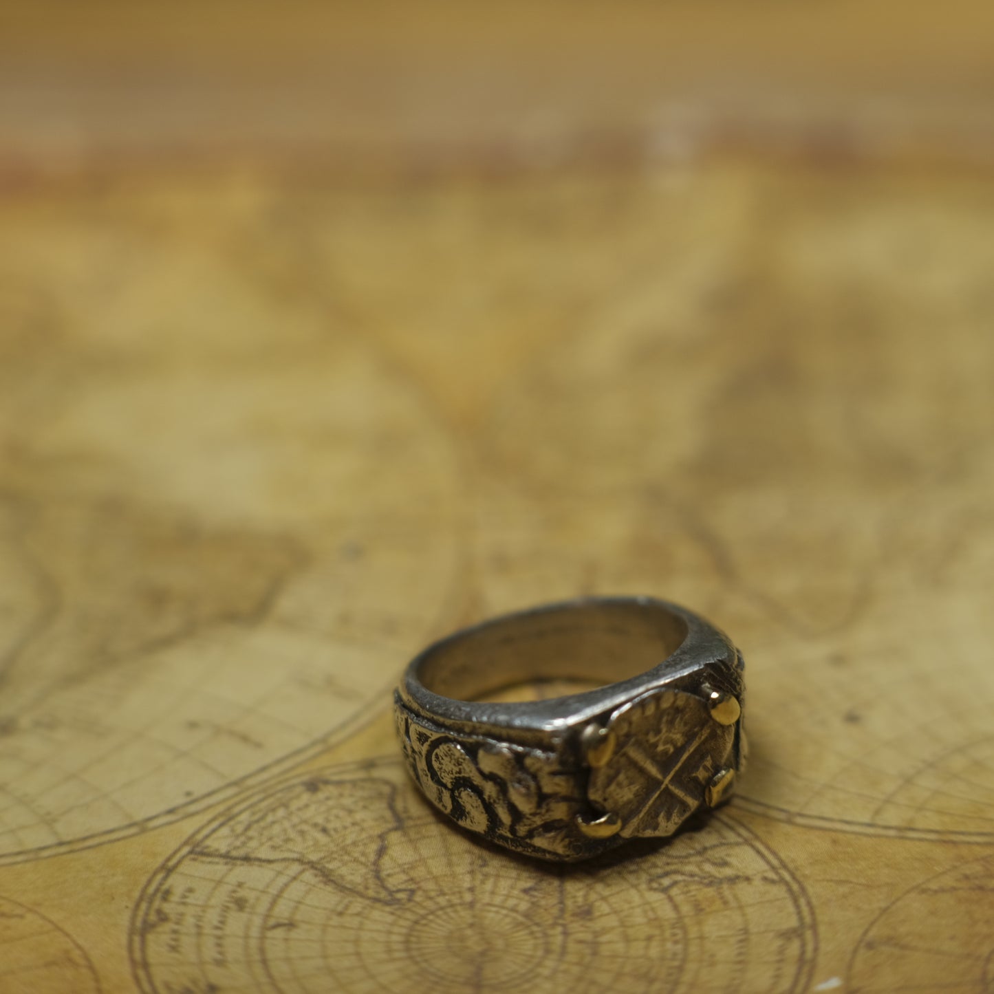 14ct Gold Set Late 1600's Spanish 1/2 Real on Sterling Silver Ring