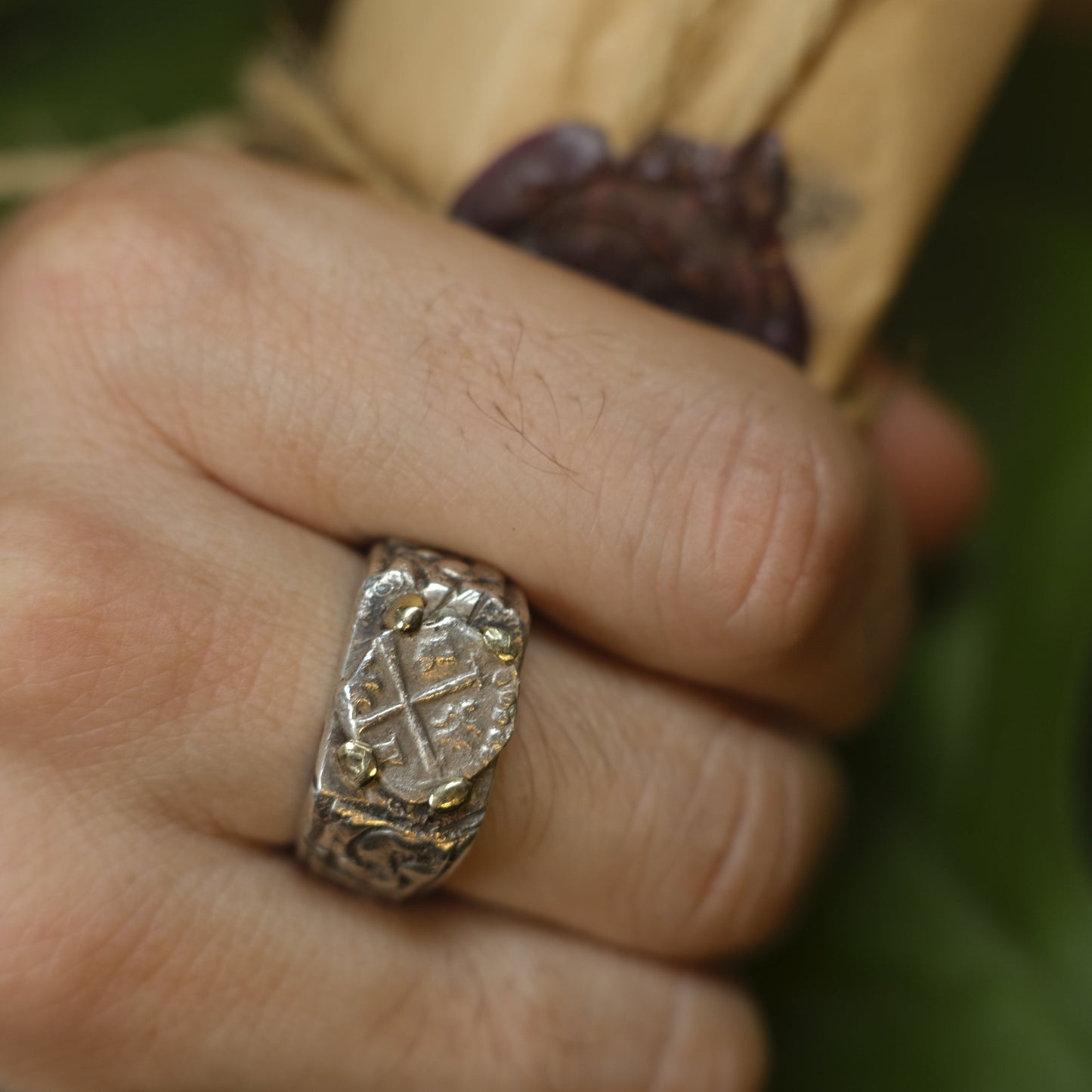 14ct Gold Set Late 1600's Spanish 1/2 Real on Sterling Silver Ring