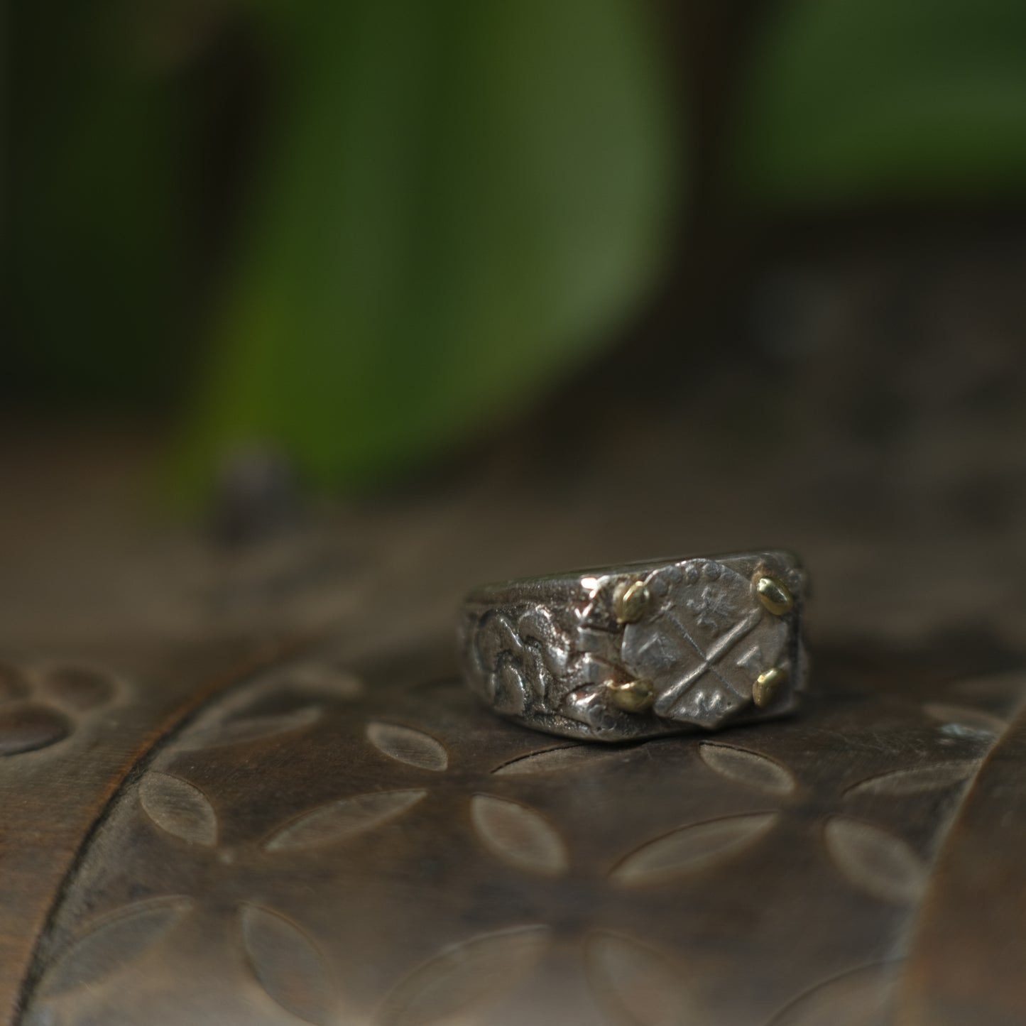 14ct Gold Set Late 1600's Spanish 1/2 Real on Sterling Silver Ring