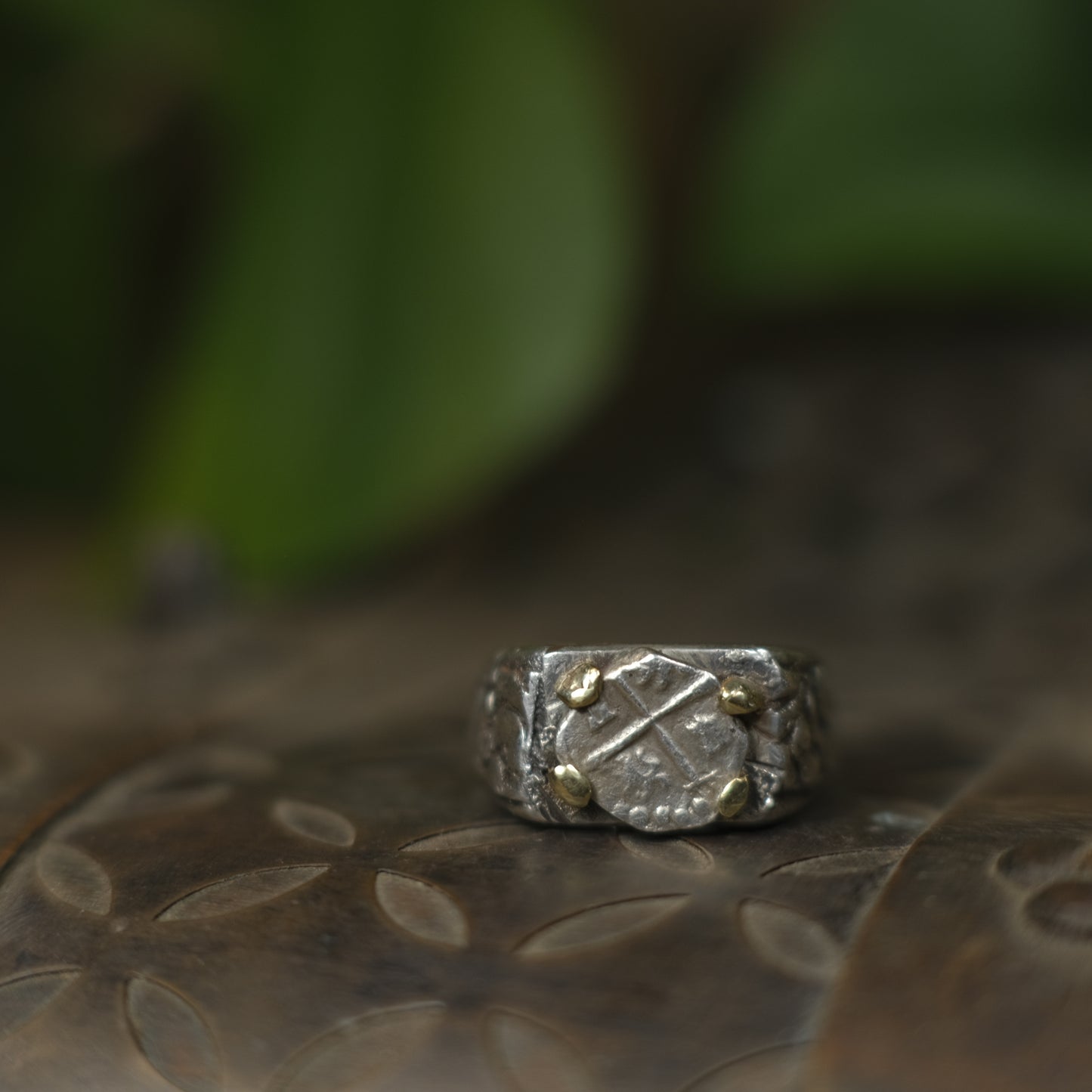 14ct Gold Set Late 1600's Spanish 1/2 Real on Sterling Silver Ring