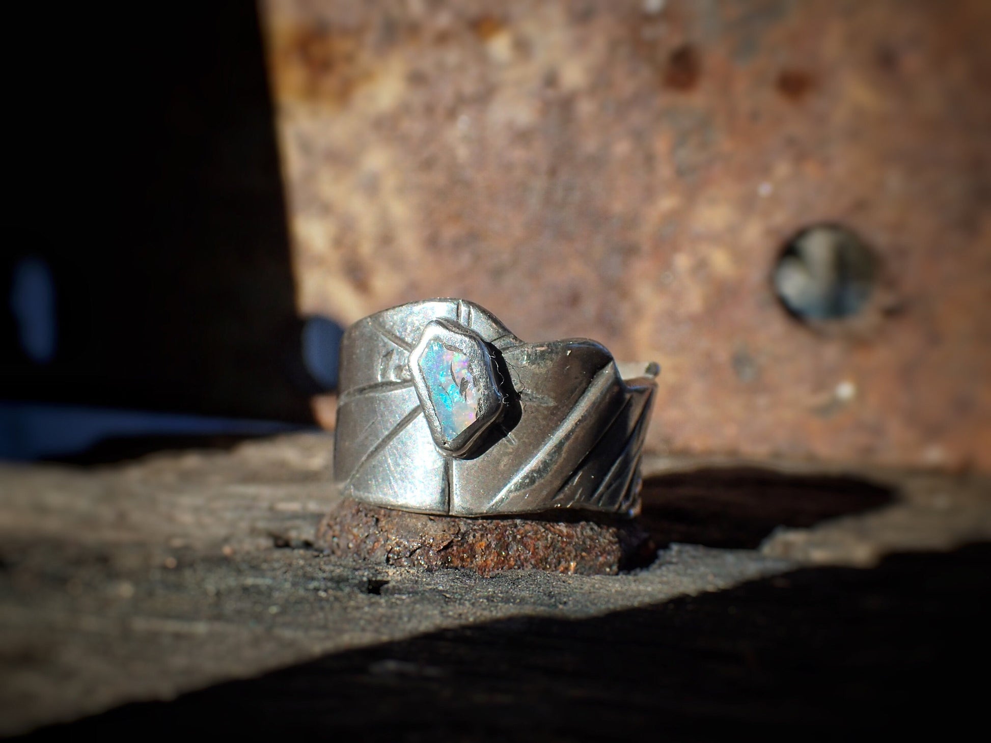 Raw Reef Blue Opal Silver Band ~ US size 10.25