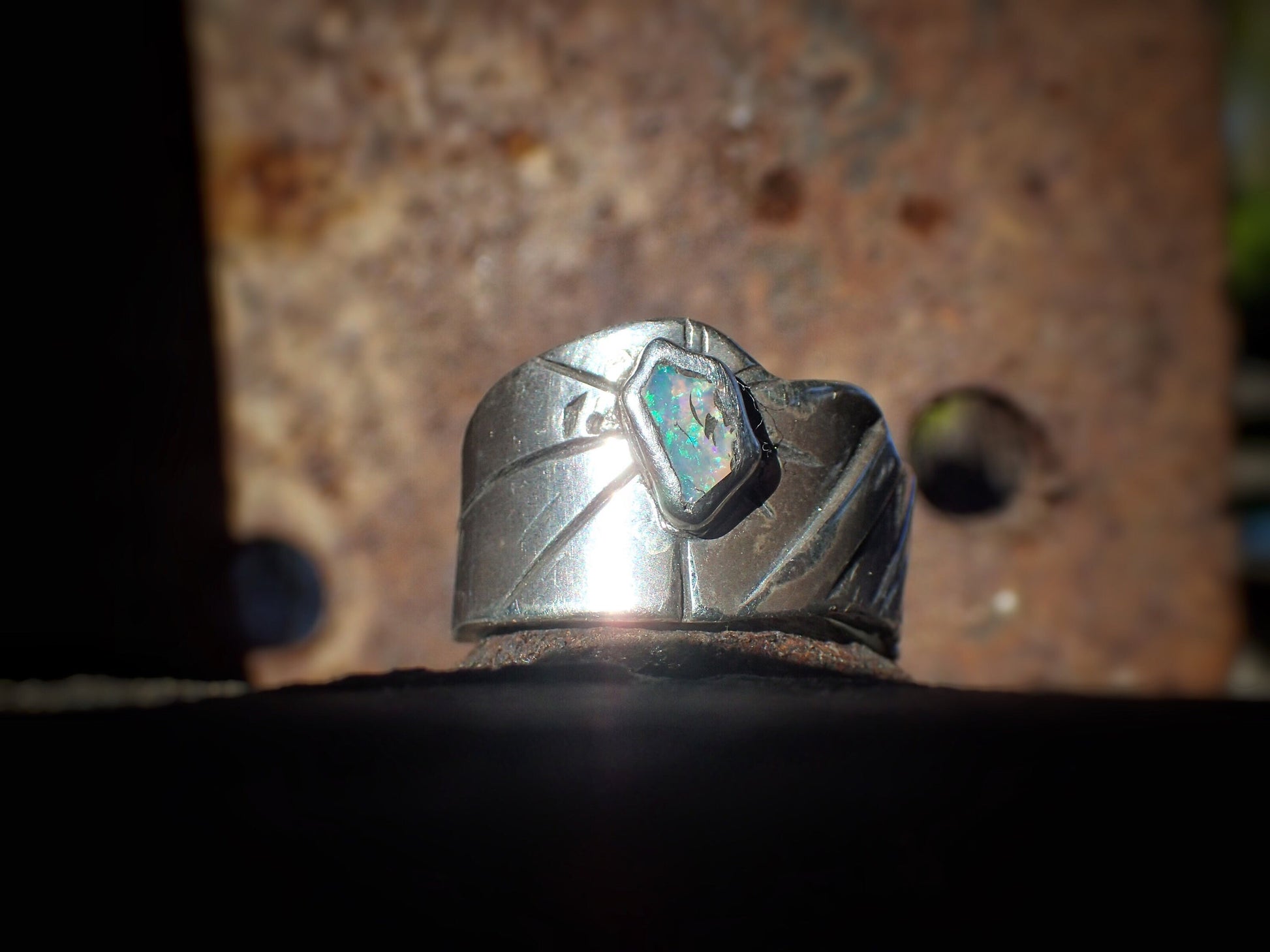 Raw Reef Blue Opal Silver Band ~ US size 10.25