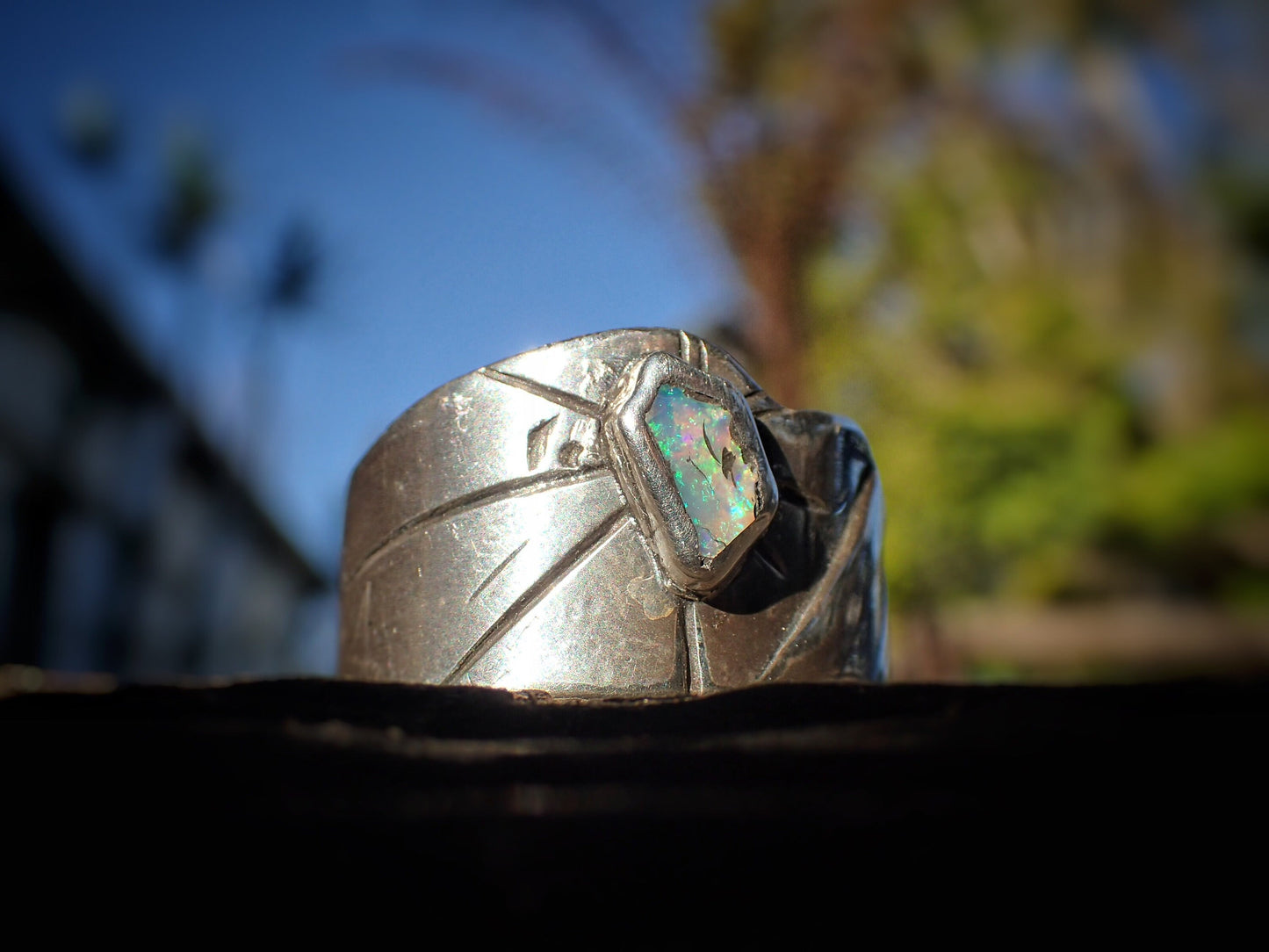 Raw Reef Blue Opal Silver Band ~ US size 10.25