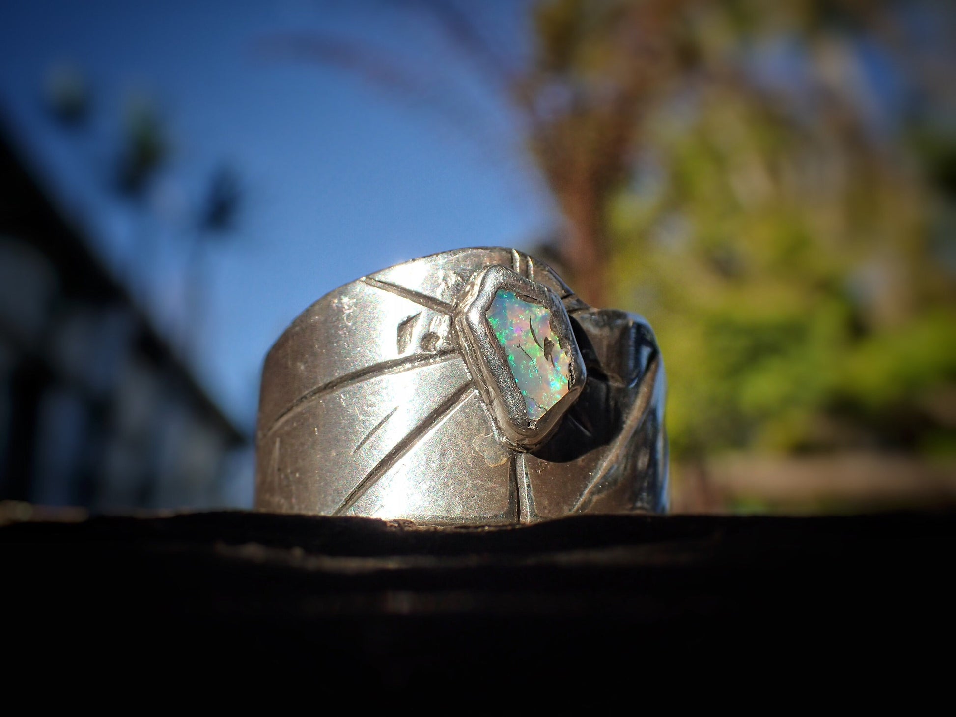 Raw Reef Blue Opal Silver Band ~ US size 10.25