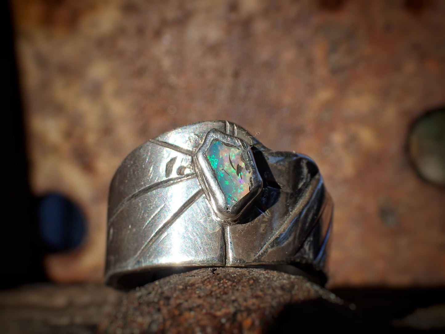 Raw Reef Blue Opal Silver Band ~ US size 10.25