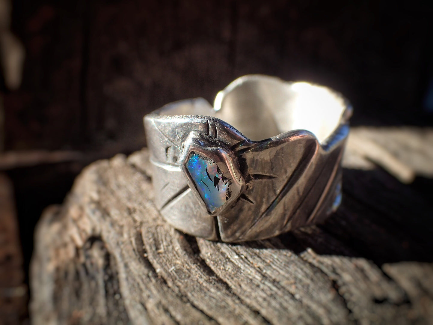 Raw Reef Blue Opal Silver Band ~ US size 10.25