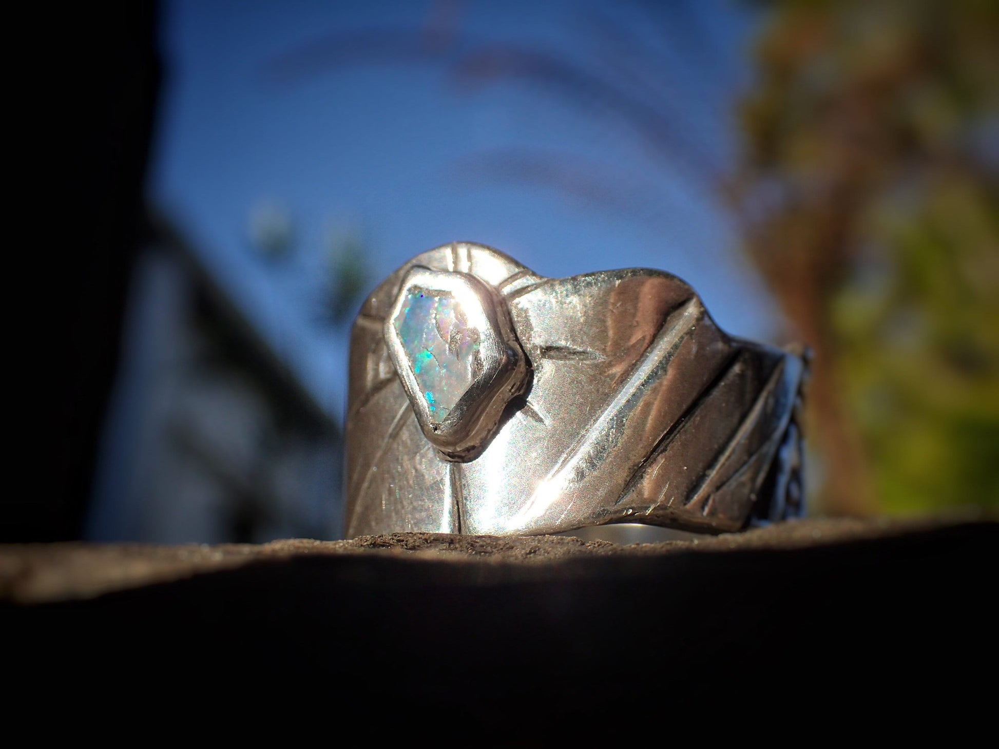 Raw Reef Blue Opal Silver Band ~ US size 10.25