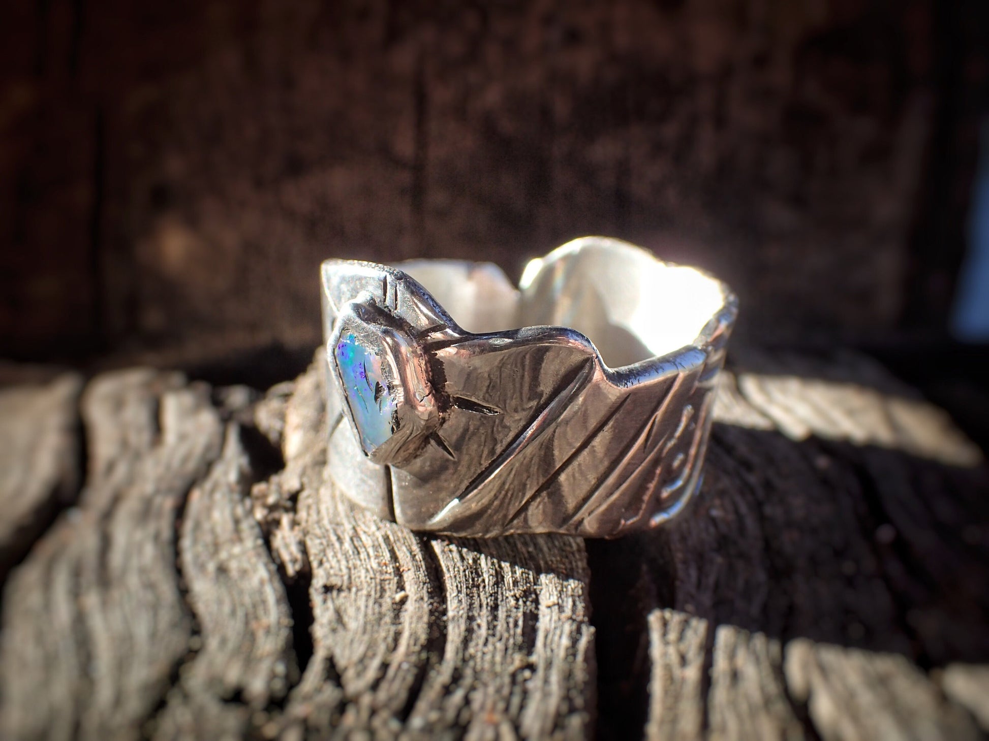 Raw Reef Blue Opal Silver Band ~ US size 10.25