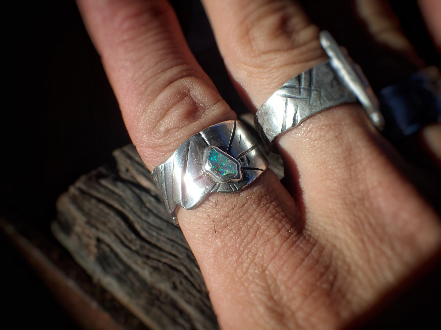 Raw Reef Blue Opal Silver Band ~ US size 10.25