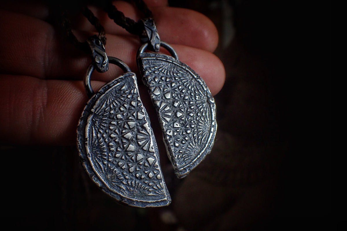 Pair of Temple Relic Amulets ~ Rustic Textured Silver Sacred Geometry Pendants