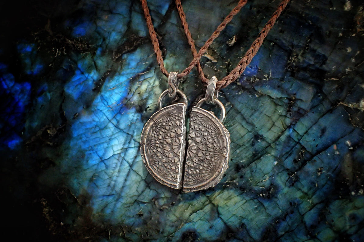 Pair of Temple Relic Amulets ~ Rustic Textured Silver Sacred Geometry Pendants