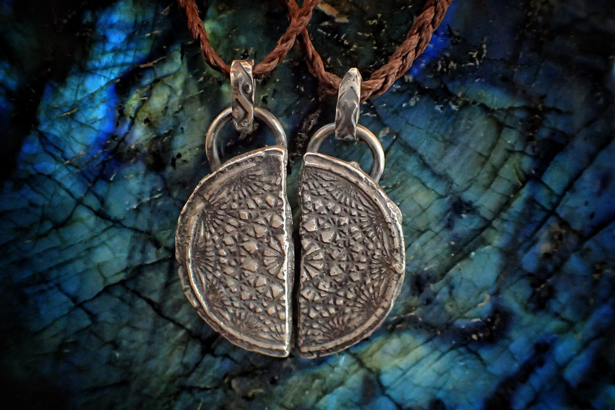 Pair of Temple Relic Amulets ~ Rustic Textured Silver Sacred Geometry Pendants