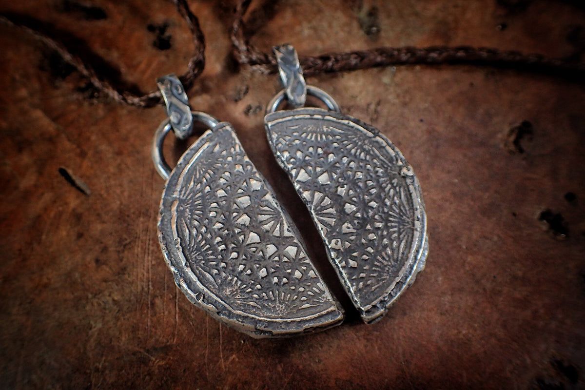 Pair of Temple Relic Amulets ~ Rustic Textured Silver Sacred Geometry Pendants