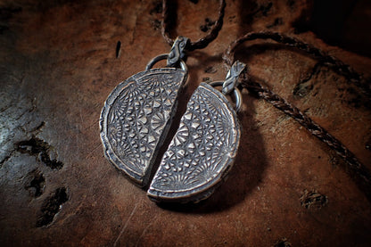 Pair of Temple Relic Amulets ~ Rustic Textured Silver Sacred Geometry Pendants