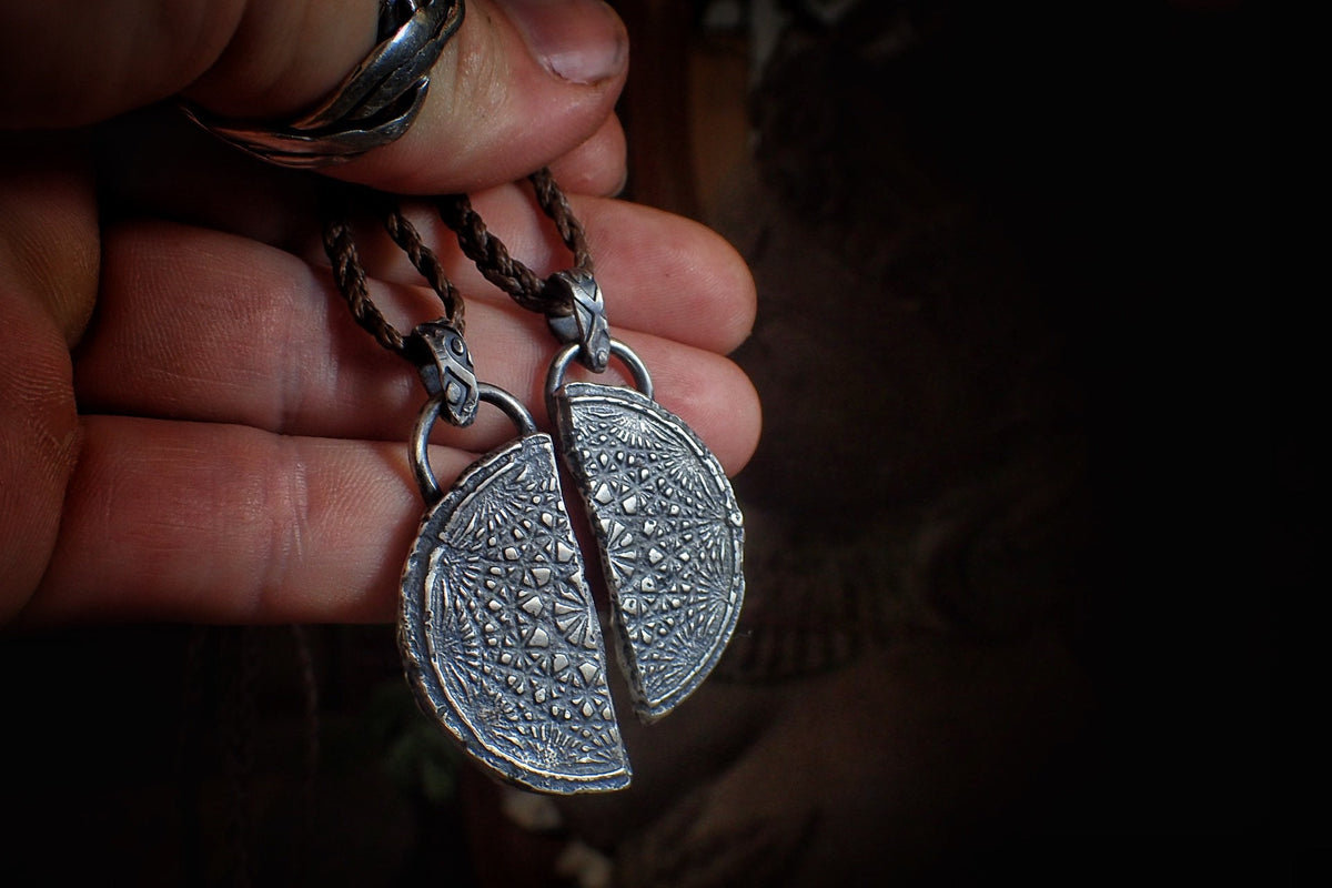 Pair of Temple Relic Amulets ~ Rustic Textured Silver Sacred Geometry Pendants