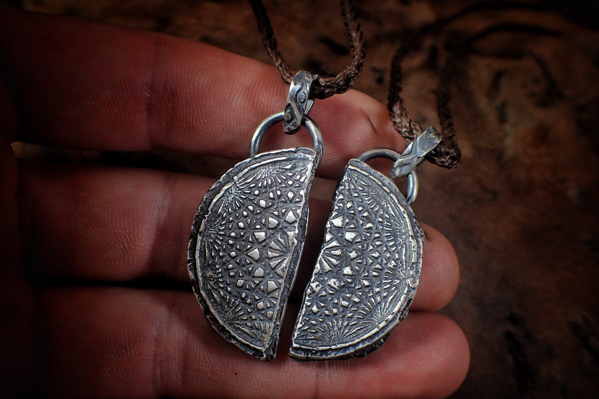 Pair of Temple Relic Amulets ~ Rustic Textured Silver Sacred Geometry Pendants