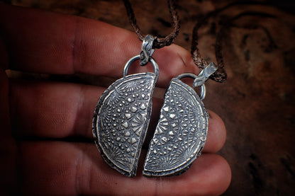 Pair of Temple Relic Amulets ~ Rustic Textured Silver Sacred Geometry Pendants