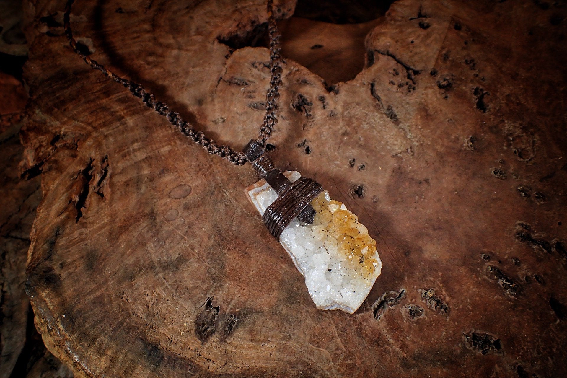 Citrine Cluster Pendant on Hand Woven Adjustable Black Macrame Necklace Cord