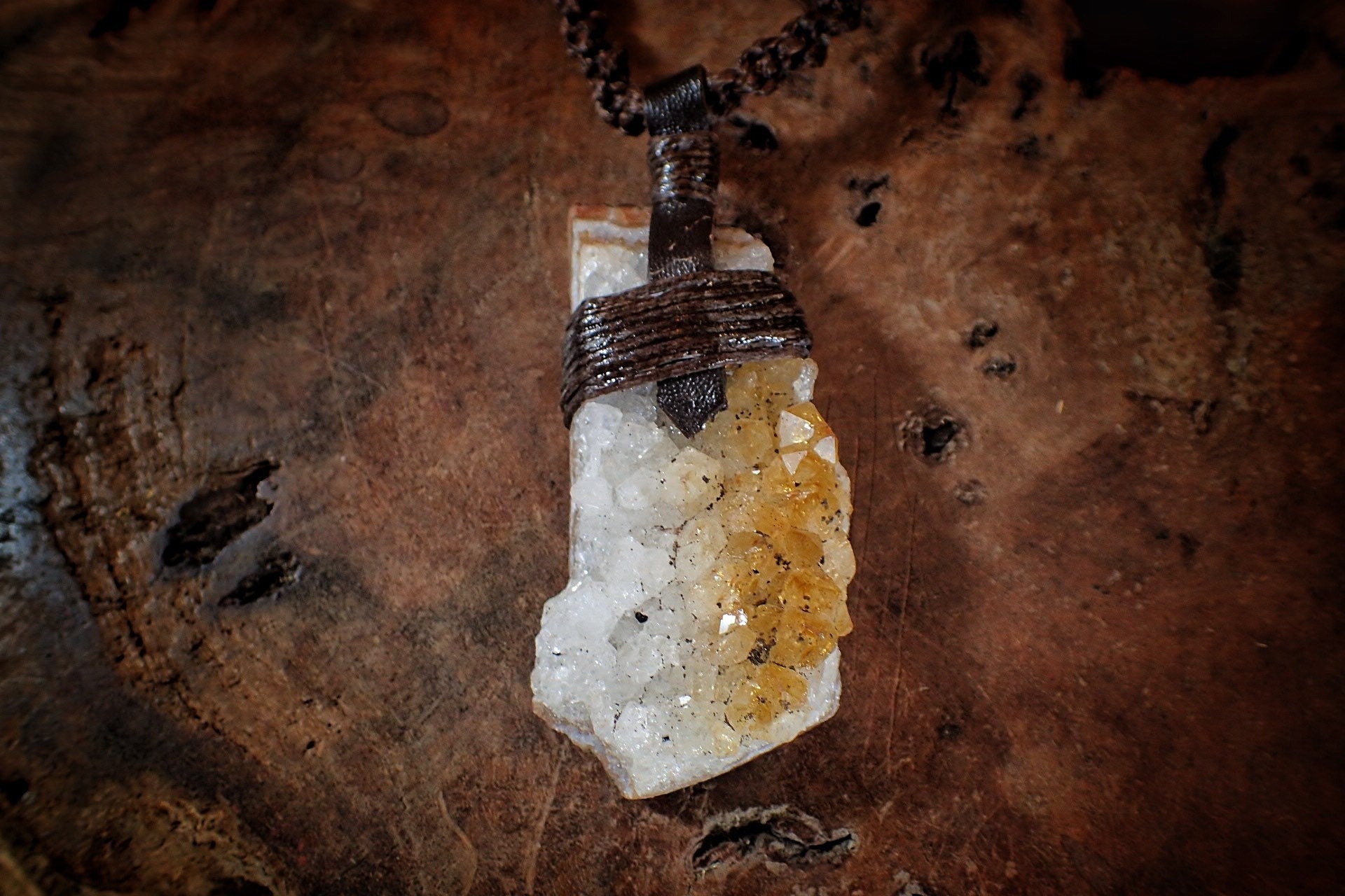 Citrine Cluster Pendant on Hand Woven Adjustable Black Macrame Necklace Cord