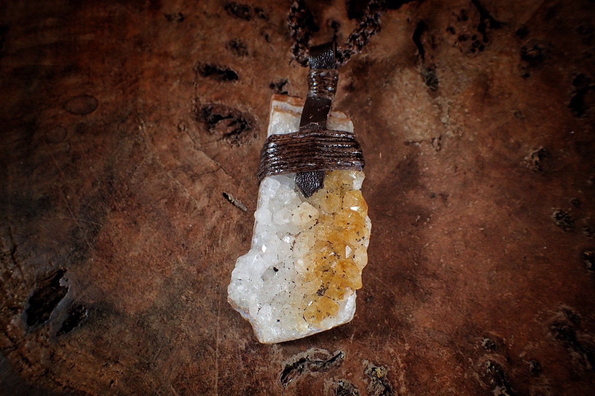 Citrine Cluster Pendant on Hand Woven Adjustable Black Macrame Necklace Cord