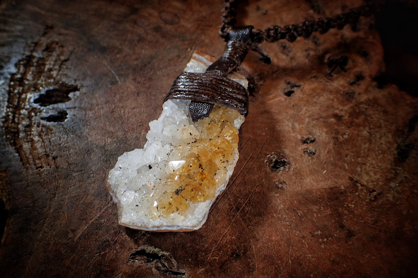 Citrine Cluster Pendant on Hand Woven Adjustable Black Macrame Necklace Cord