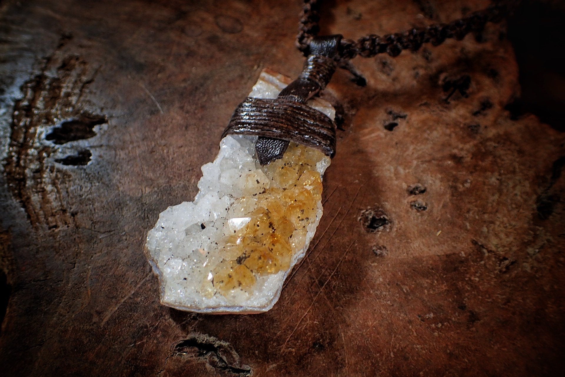 Citrine Cluster Pendant on Hand Woven Adjustable Black Macrame Necklace Cord