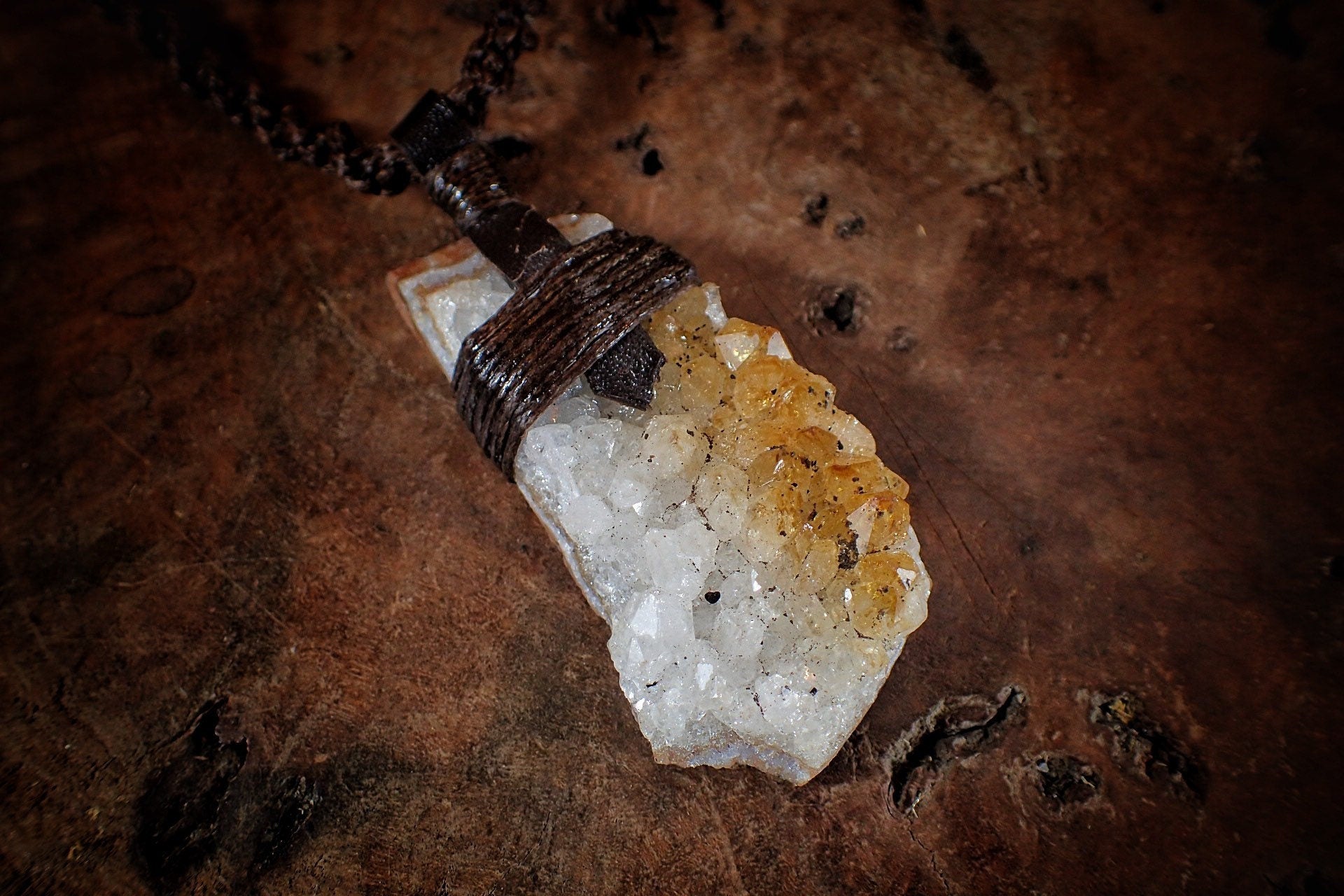 Citrine Cluster Pendant on Hand Woven Adjustable Black Macrame Necklace Cord