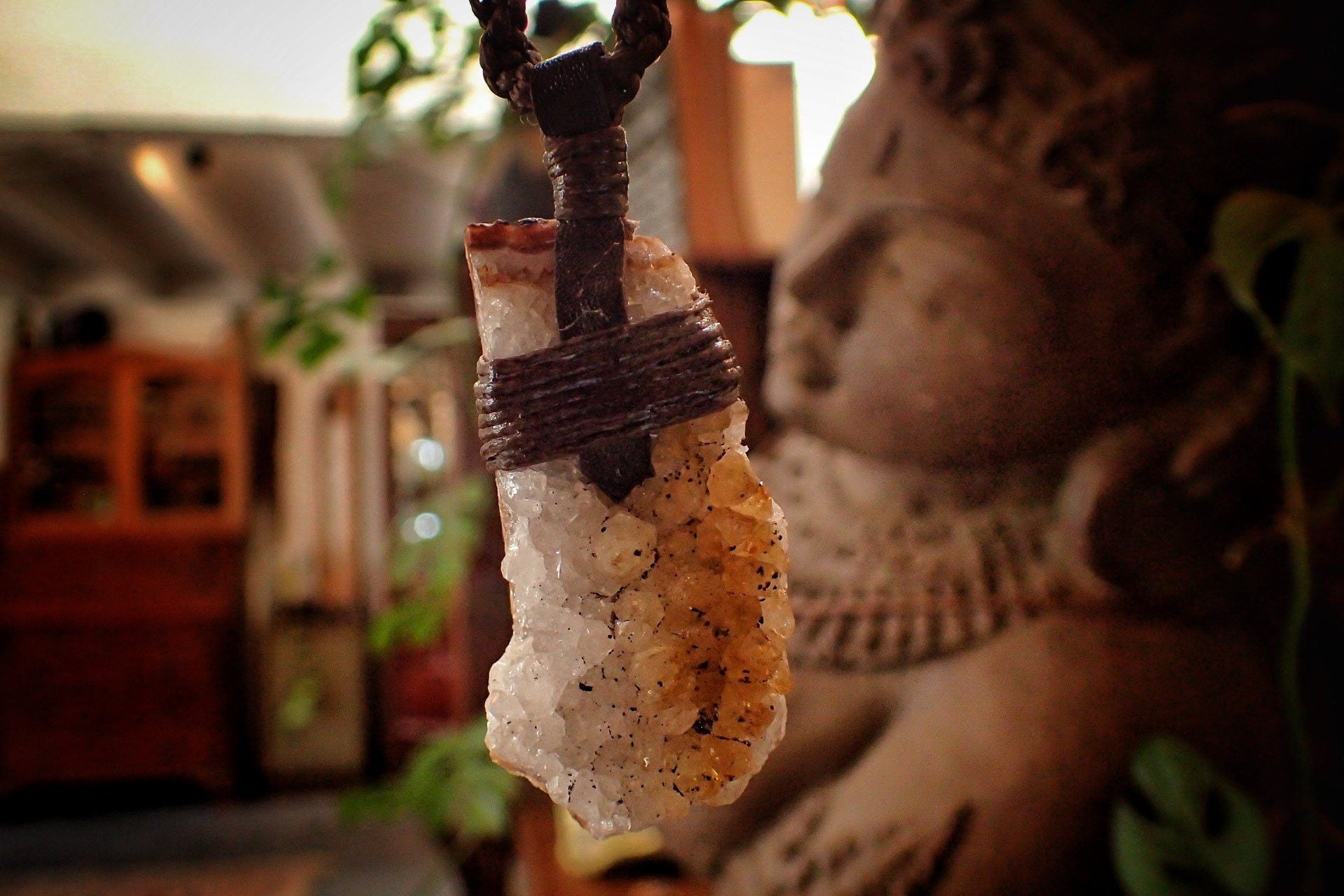 Citrine Cluster Pendant on Hand Woven Adjustable Black Macrame Necklace Cord