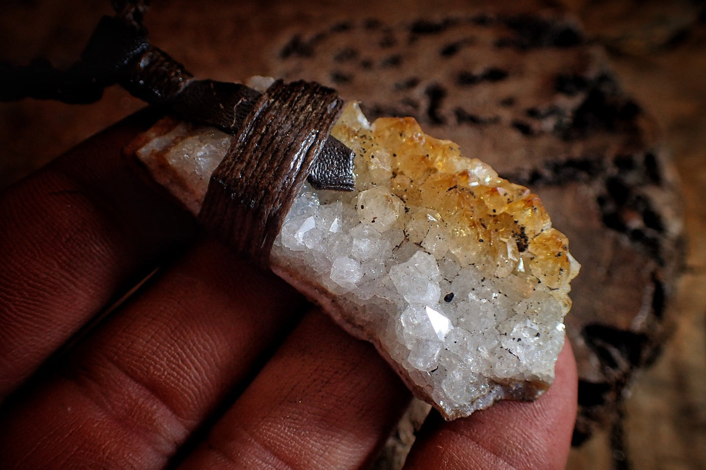 Citrine Cluster Pendant on Hand Woven Adjustable Black Macrame Necklace Cord