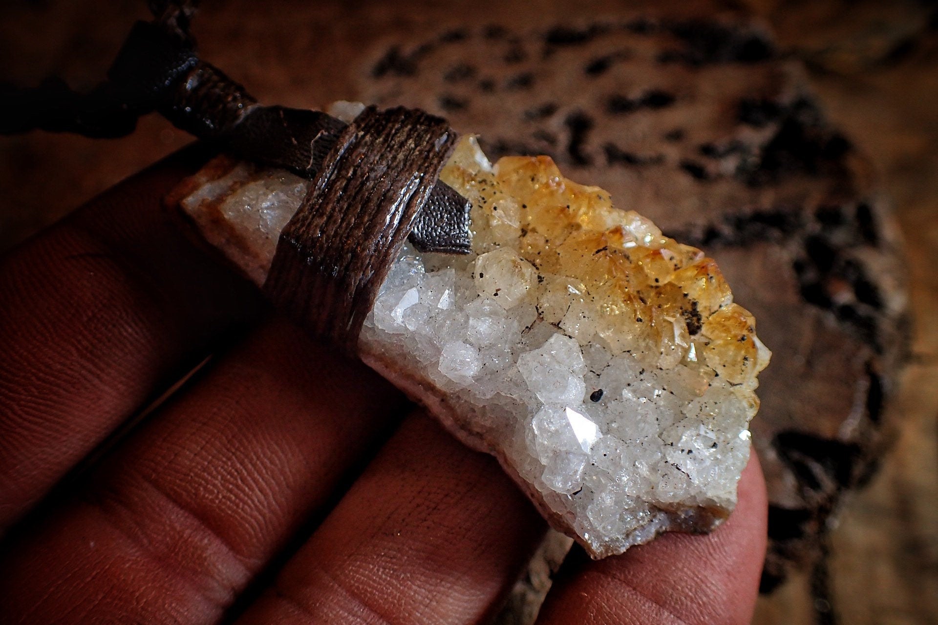Citrine Cluster Pendant on Hand Woven Adjustable Black Macrame Necklace Cord