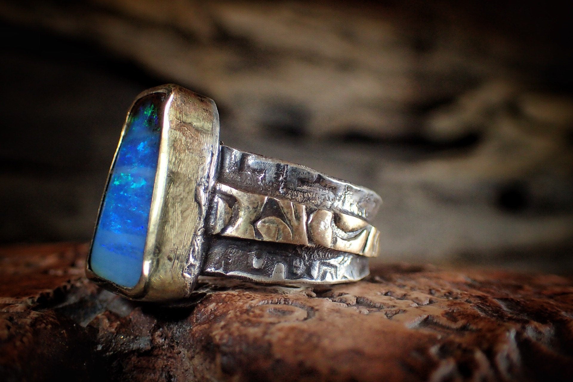 Boulder Opal in Textured Gold and Silver Ring ~ Aztec Pirate Style / Band US Size 11